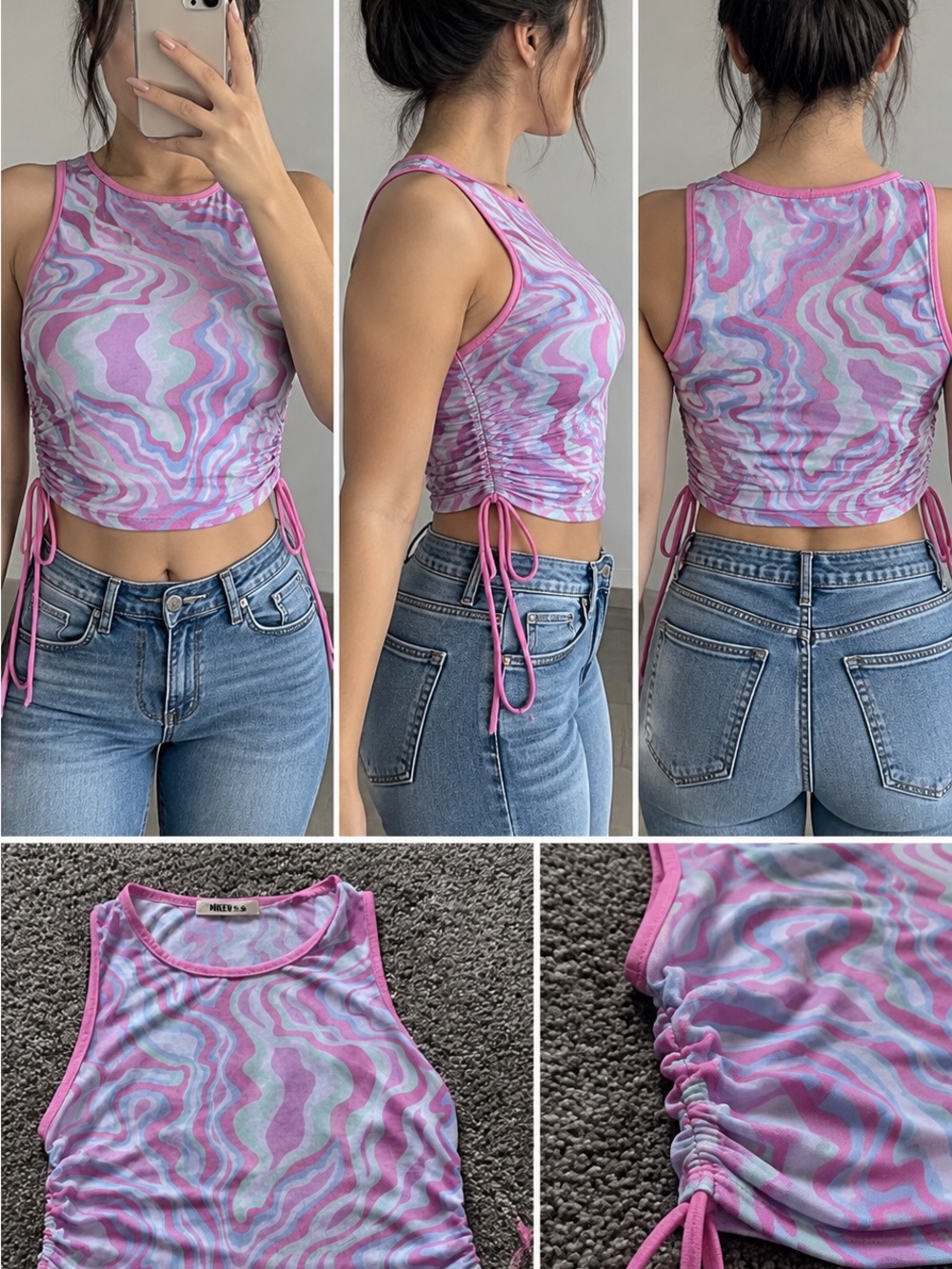 Women’s Pink Swirl Ruched Side Crop Tank Top